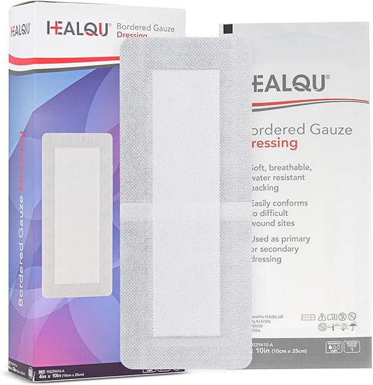 HEALQU Bordered Gauze Island Dressing - Sterile Individually Wrapped Gauze Pads with Water-Resistant, Non-Woven Backing (4"x10" - 2"x7.5" Pad (30 Pack)
