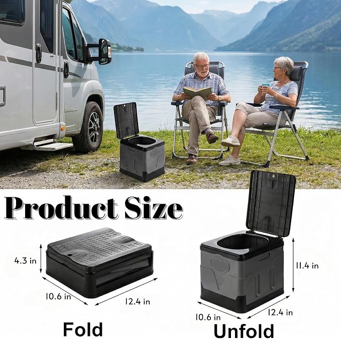 Portable Camping Toilet, Foldable Toilet for Adults, Porta Potty with Thick Black Garbage Bag for Outdoor Emergency, Waterproof Luggable Loo, Hiking, Car, Travel (Black and Grey)