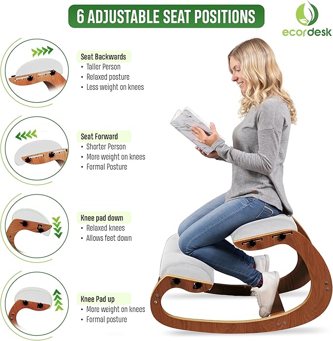 Ergonomic Kneeling Chair, Adjustable Seat - Office Chair for Desk, Posture Corrector, Premium Comfort Cushion, Wooden Rocking Knee Chair (Pecan)