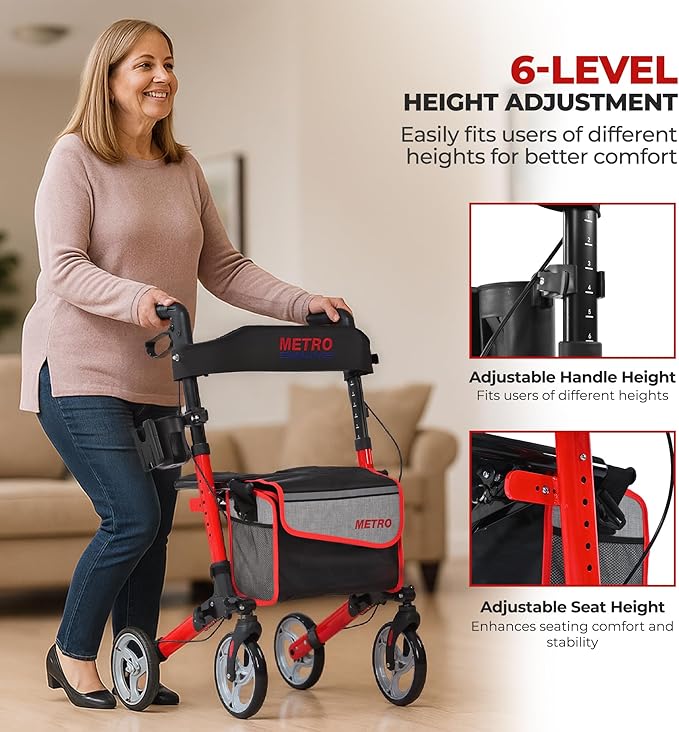 Metro Mobility Rollator Walker with Seat for Seniors, Foldable Lightweight Rolling Walker, 8" Big Wheels for All Terrain, 300 lb. Weight Capacity, Red