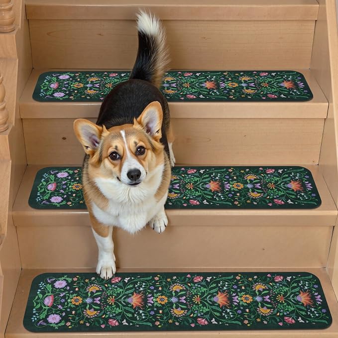 OJIA Stair Treads Non Slip Stair Runner for Wooden Steps Indoor 15PC 8"x30" | Rubber Backing Floral Carpet Stair Treads for Wood Stairs Staircase Step Treads for Kids & Dogs, Stair Covers, Green