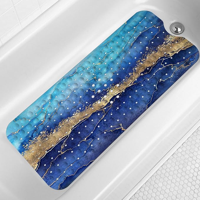 LNOND Marble Bath Tub Mat Non Slip, Extra Long 40 X 16 Inch Anti Slip Mat for Bathtub, Blue Gold Marble Shower Mat with Drain Holes and Suction Cups, Machine Washable