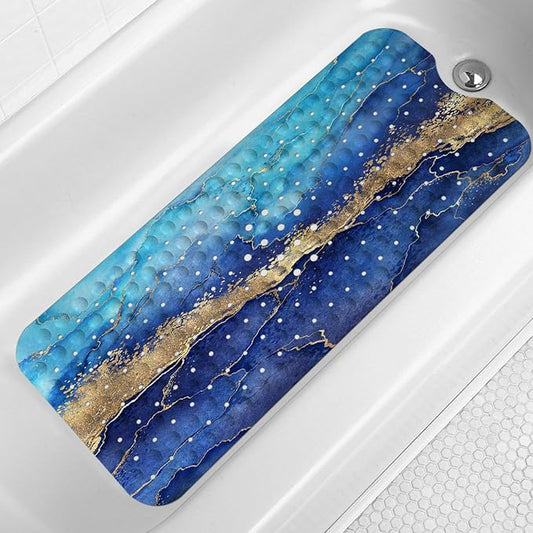 LNOND Marble Bath Tub Mat Non Slip, Extra Long 40 X 16 Inch Anti Slip Mat for Bathtub, Blue Gold Marble Shower Mat with Drain Holes and Suction Cups, Machine Washable