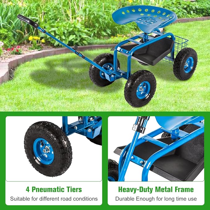 kinbor Rolling Garden Scooter Garden Cart with Tray, 360 Swivel Seat, Blue
