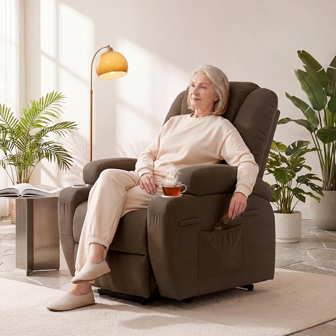 JUMMICO Power Lift Recliner Chair for Elderly with Vibration Massage | Recliner Chair Ergonomic Lift Chair Cup Holder for Living Room (Leathaire, Dark Brown)