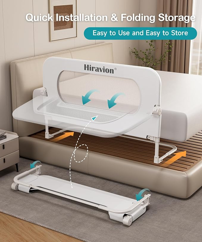 Bed Rail for Toddlers - 59 Inch Foldable Baby Guard | Height Adjustable | Foldable | Fits Full/Queen/King/Twin Beds | U-shape base provides Safety sleep protection | White