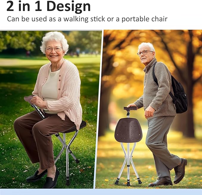 Cane with Seat Folding Lightweight,Height-Adjustable Cane,Chair for Seniors Supports Up to 330 Pounds,Anti-Slip Walking Stick for Elderly Men, Disabled