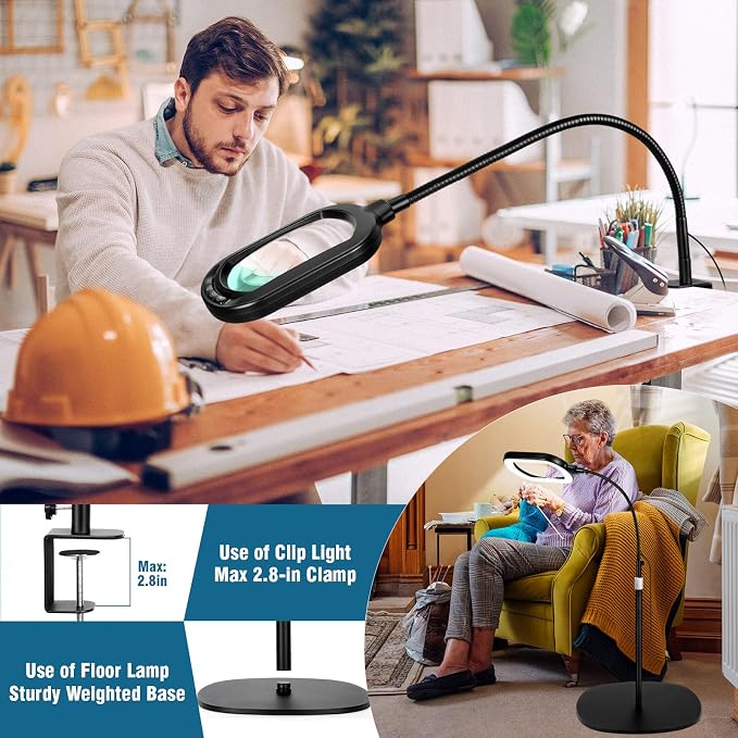 Large Magnifying Glass with Light and Stand, 15X Rectangle Optical Real Glass Lens, Height Adjustable Gooseneck Magnifier Floor Lamp, 5 Color Modes LED Dimmable Lighted Hands Free for Close Work Craft