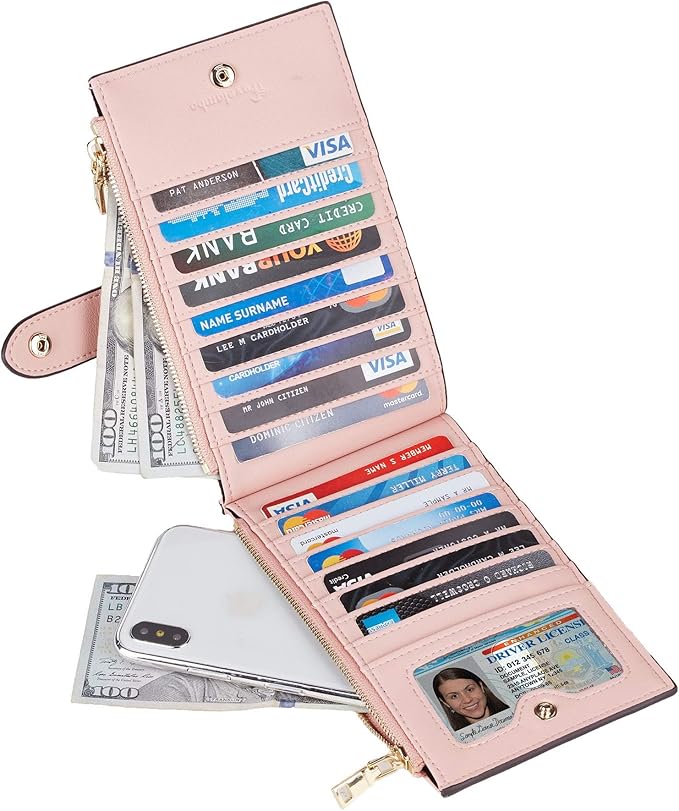 Travelambo Womens Leather Bifold Wallet, Slim RFID Blocking Card Holder | Large Capacity, 16 Card Slots & ID Window, 2 Zipper Pockets, Dual Snap Closure, Slim Lightweight, RFID Privacy Protection