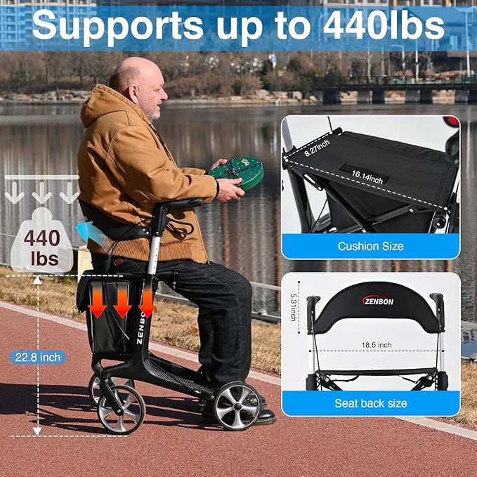 Rollator Walker for Seniors/Adults Foldable Rolling Walker with Seat 440 lbs Capacity 4 Big 7.9 inch Wheels Hand Grips Adjustable Height Lightweight Carbon Fiber Walker Removable Back Support