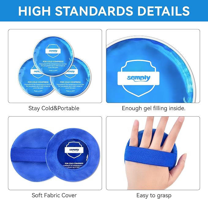 samply Small Gel Ice Packs for Boo Boos, Cold Packs for Injuries Reusable Pain Relief, Headaches and Toothaches,Eyes, Face, 4 Pack Mini Round Ice Packs with 2 Covers for Cold Compress, Dark Blue