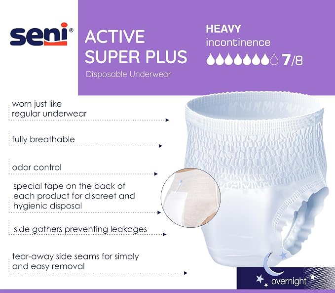 Seni Active Super Plus Unisex Adult Incontinence Underwear, Heavy Absorbency, Pull On Disposable Overnight Underwear for Men & Women (Medium, 20, Count)