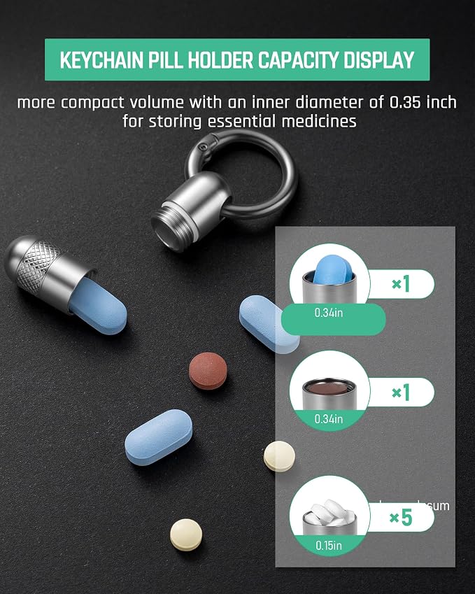 TISUR Small Titanium Keychain Pill Holder, Pocket Pill Case for Travel | Waterproof Pill Fob,Portable Pill Box Container,Purse Pill Organizer Tube