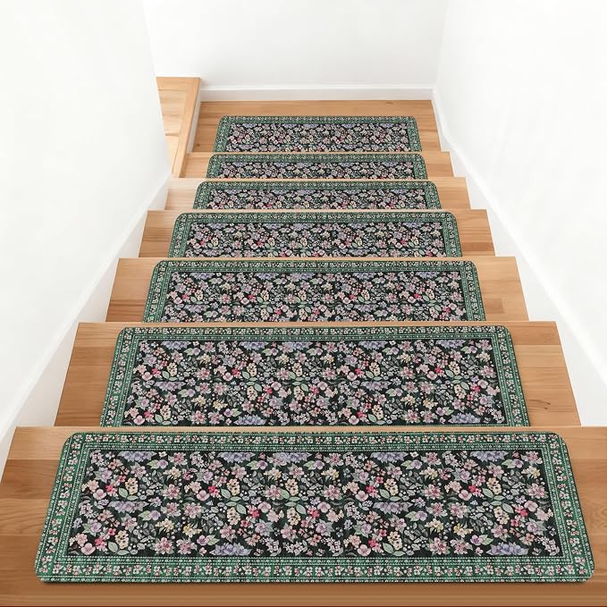 Vintage Floral Stair Treads Non Slip Carpet Stair Treads for Wooden Steps Indoor 15PCS 30"x8" Stair Runner Stair Mats Safety Staircase Step Treads for Elders Kids Dogs Dark Green