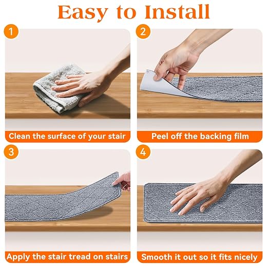 Stair Treads for Wooden Steps 15 PCS, Non Slip Stair Rugs Grey | 8x30in Self-adhesive Stair Runner Strips, Machine Washable, Indoor Carpet for Stairs, Stair Protection for Kids Pets Elderly