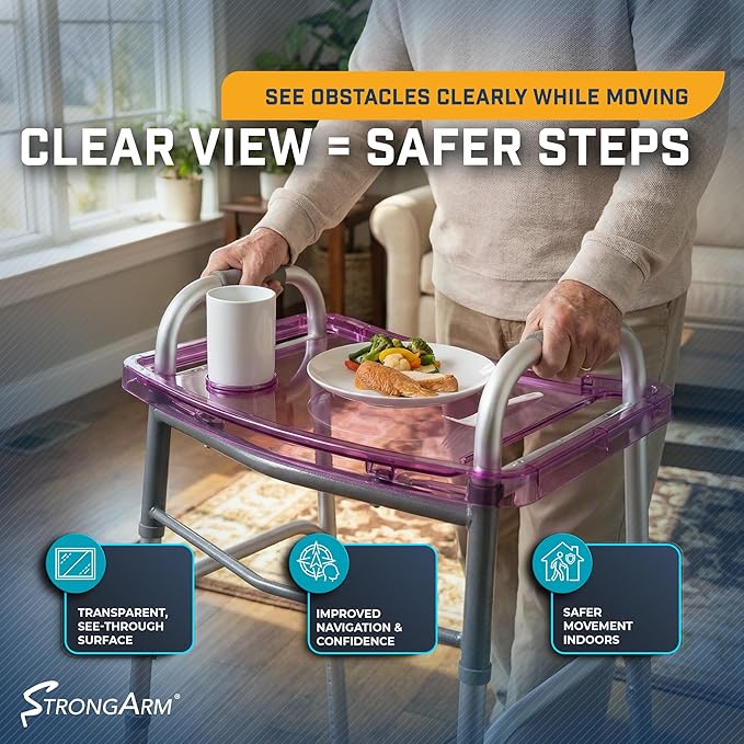 StrongArm Clear View Walker Tray + Bag + Non-Slip Mat & Cup Holder, Tray for Folding Walkers, Food Tray, Walker Accessories, Tray Table for Standard Adult Walkers (Purple)