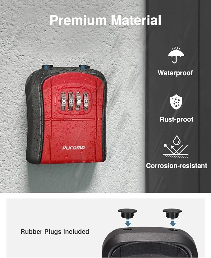 Puroma Key Lock Box Outdoor 4 Digit Code Combination Lockbox House, 1 Red | For Contractors Guest Realtor Storage Keys, Portable, Home Wall Mount, Resettable, Combination, Weatherproof, High-capacity