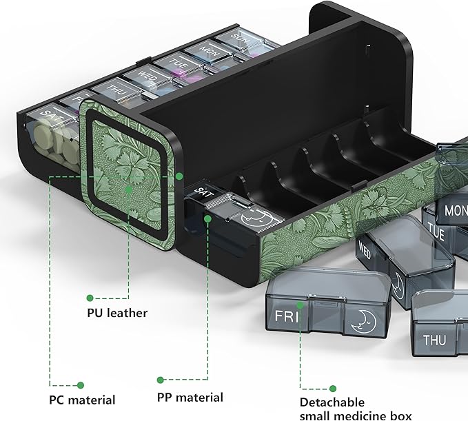 Pill Organizer 7 Day AM PM, Discreet 2 Times a Day Weekly Pill Box with Double Protection Shell, Large Capacity Portable Vitamin Case for Travel Meds & Medicine Organizer (Forest Green)