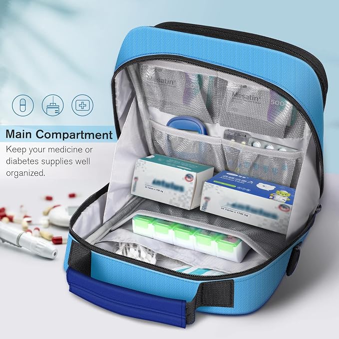 MEDMAX Insulin Cooler EpiPen Carrying Case Insulated, Travel Medication Diabetes Supplies Organizer Bag with Shoulder Strap for Asthma Inhaler, Auvi-Q, Allergy Medicine Essentials (Blue)
