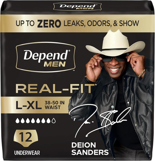 Depend Real Fit Adult Diapers, Incontinence Underwear for Men, Disposable, Maximum Absorbency, Large/Extra Large, Grey, 12 Count, Packaging May Vary