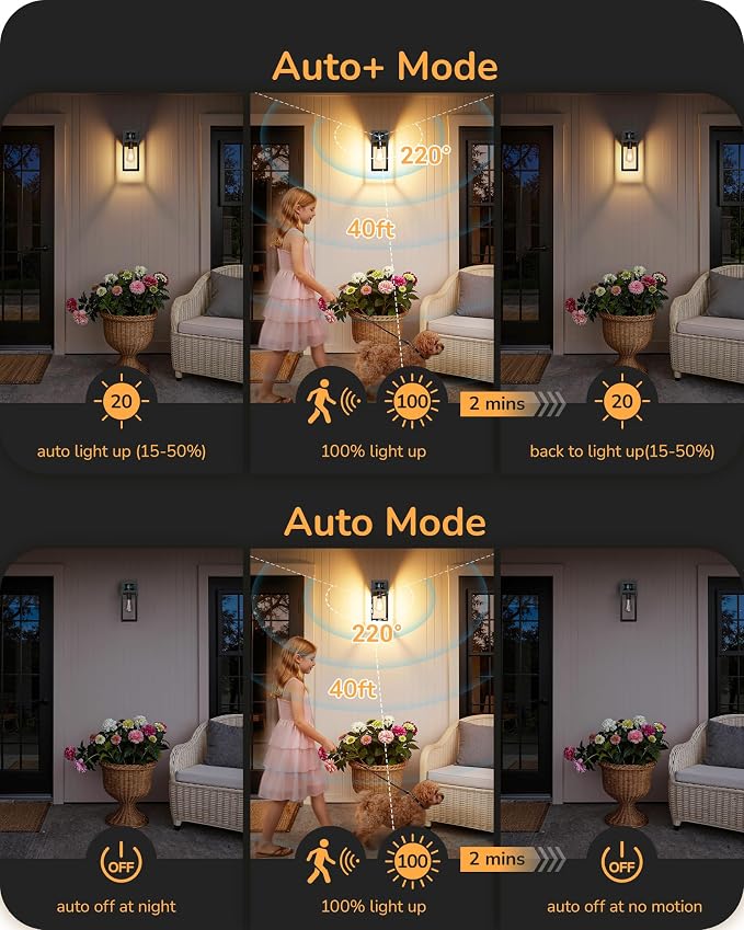 EDISHINE Black Motion Sensor Dusk to Dawn Outdoor Wall Light with Outlet | GFCI, 3 Modes, Clear Glass, Dimmable, E26 Base, 12"H, Waterproof Exterior Wall Sconce for Front Door, Garage, Patio