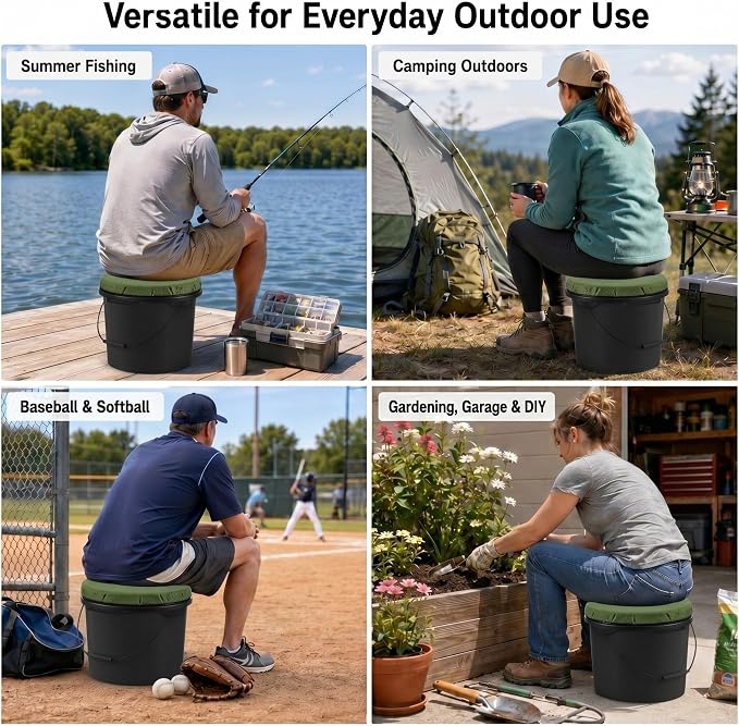 Lewtemi 2 Pcs 5 Gallon Bucket Seat 360 Degree Swivel Lid with 2" Thick Green Padded Cushion Lid with Waterproof Cover, Ideal for Winter Ice Fishing, Waterfowl Hunting, Camping and Outdoor Activities