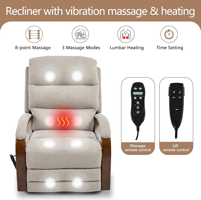 Power Lift Recliner Chair for Elderly People, Dual Motor Lift Chair with Vibration Massage and Heat, Lay Flat Recliner with Solid Wood Armrest, Standing Assistance Reclining, Chenille Fabric Beige