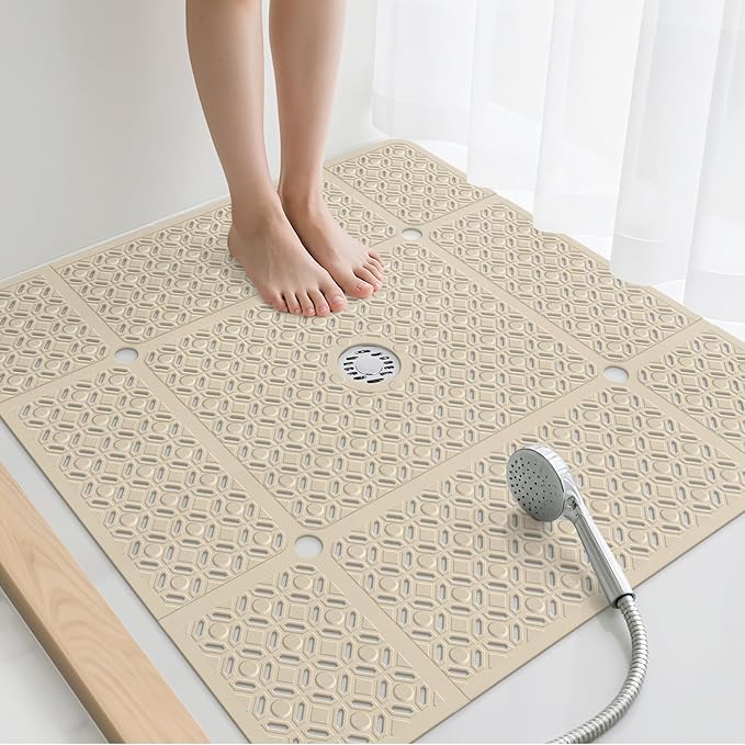 Yolife Square Shower Mat, 27" x 27" Large Shower Mat with Drain Hole in Middle, Soft TPE Non Slip Shower Mats for Inside Shower with Suction Cups, Anti Slip Washable Shower Floor Mat, Brown