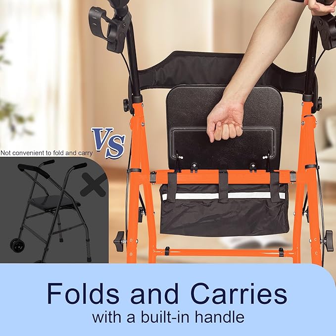 Foldable Rollator Walker with Seat for Seniors, All-Terrain Wheels, 350lb Capacity, Reinforced Inner Metal Rod for Easy Folding & One-Hand Carry, Lightweight Rolling Walker - Orange