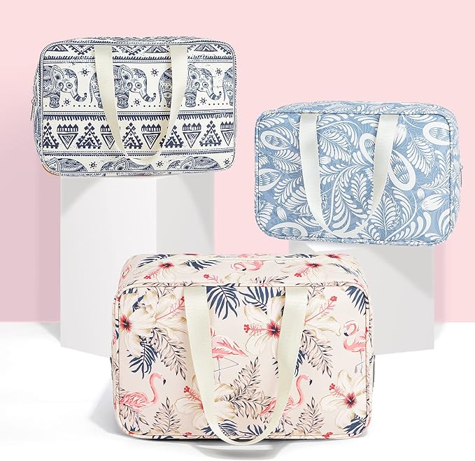 Narwey Full Size Toiletry Bag Women Large Cosmetic Bag Travel Makeup Bag Organizer Medicine Bag for Toiletries Essentials Accessories (Large, Beige Flamingo)