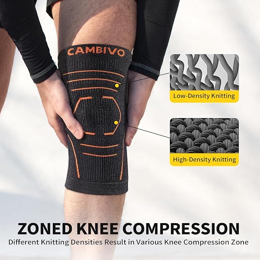 CAMBIVO 2 Pack Knee Brace for Women & Men, Latex Free & Silicone Free Compression Knee Sleeves with Side Stabilizers, Lightweight Knee Support for Arthritis, Meniscus, Walking, Running (Orange-Black, Small)