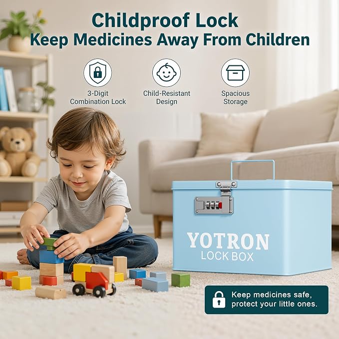 Metal Medicine Lock Box, Portable First Aid kit Box Sewing, Art, Craft with Handle, Multipurpose Medical Supply Organizer for Home Car