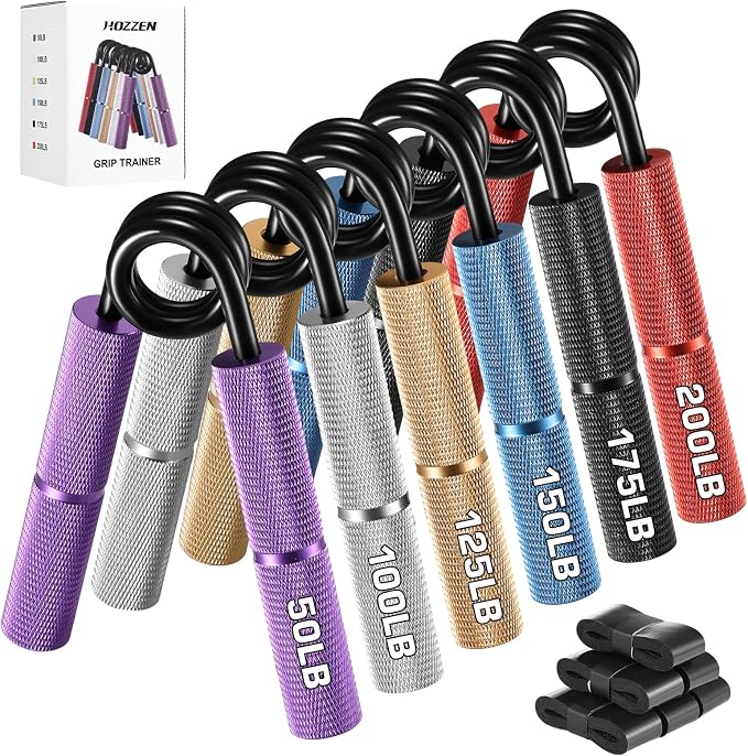 Hozzen Grip Strength Trainer, 6 Pack Grip Strength Trainer Set (50-350LB), No Slip Hand Grip Strengthener, Wrist Forearm Strengthener with Grip Tape for Strength Training, Exercise, Injury Recovery