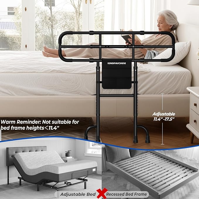KingPavonini Bed Rail with Ultra-Wide Extendable Handle, 400 LB, Model GL05 | ASTM-Approved, Bed Rails for Elderly Adults Safety, 4-Point Dual Support, Tool-Free Bed Rails for Seniors & Post Surgery
