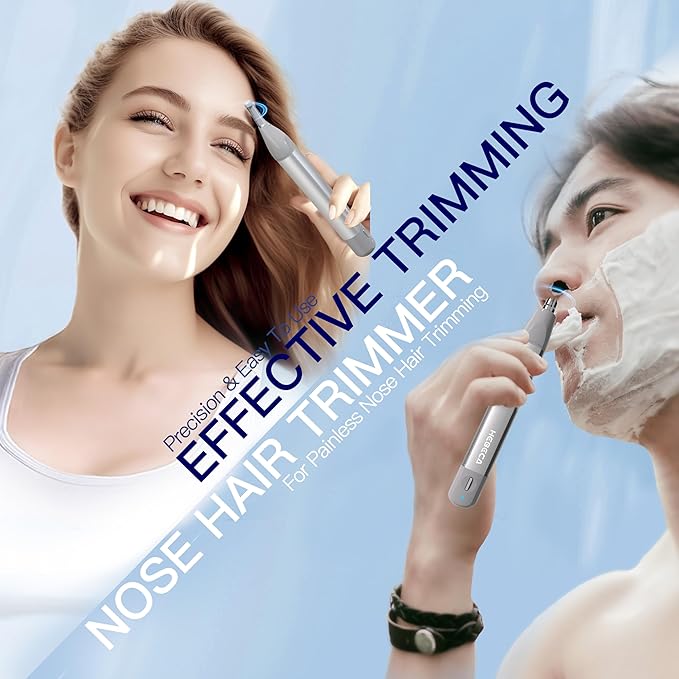 HEBECA Nose Hair Trimmer for Men Women 2in1 Facial Hair Removal Trimmer - Metal Body, Rechargeable, Waterproof, Portable - Nose, Ear, Eyebrow, Peach-Fuzz, Lips, Chin (Silver)