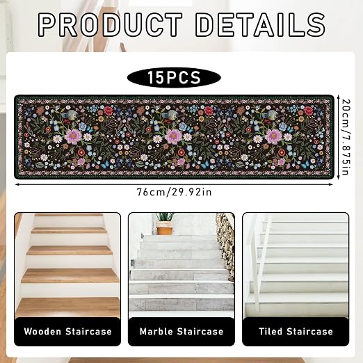 Stair Treads for Wooden Steps 15 Pack, Flower Stair Runners Non Slip and Washable, Vintage Floral Rug Carpet for Stairs with Silicone Backing 8" X 30"