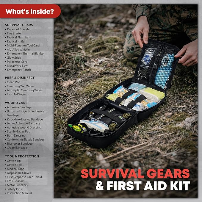 VLITEPRO 242 Piece First Aid & Survival Kit – Molle Pouch IFAK, 1000D Nylon, Color-Coded Compartments, Medical Kit for Camping, Boat, Hunting, Hiking, Home, Car/Home/Earthquake Emergency (Black)