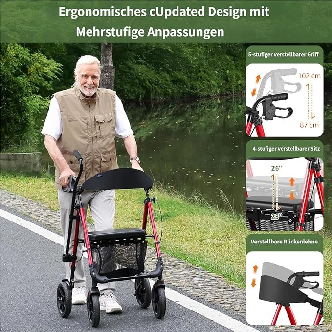 WALK MATE Walkers for Seniors, 4 x10 Inch Big Wheels Rollator Walker with Seat 350lb Weight Capacity Foldable All Terrain Rolling Walker, Lightweight Mobility Aid with Adjustable Height, Red