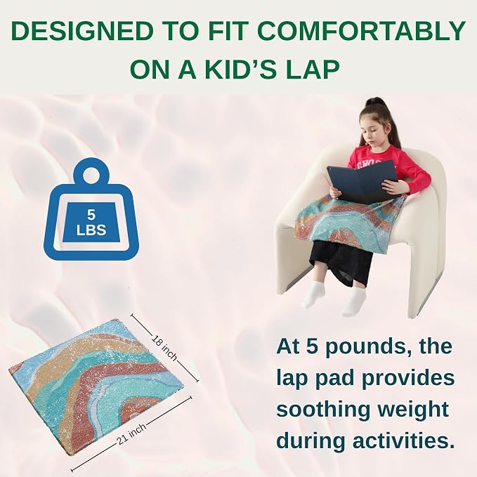 Weighted Lap Pad 5lbs with Sequin Fabric for Kids in Color Stripes | Sensory Blanket 18”x21” for Interactive Stimulation Fidget for Calming and Focus for Home, School and Travel in Green Orange