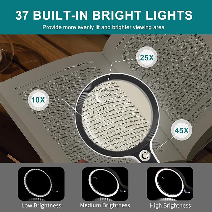 Large Magnifying Glass with 37 LED Light and Case, 10X 20X 45X Handheld Illuminated Lighted Magnifier with 3 Light Modes for Seniors Reading, Inspection, Coins, Exploring Close Work