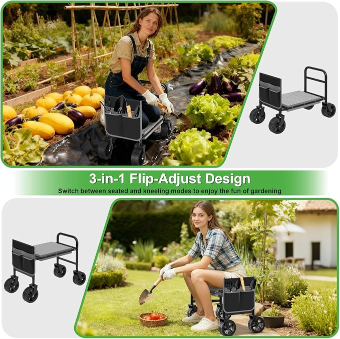 Garden Kneeler and Seat with 360° Wheels: 3-in-1 Rolling Gardning Stool | Foldable Garden Seat with Extendable Legs - Thick Pad and Tool Pouches - Heavy Duty Gardening Bench for Seniors