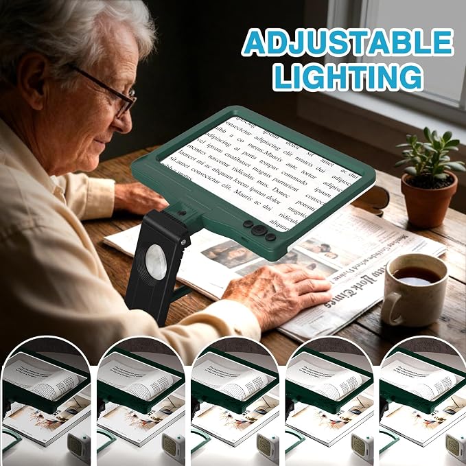 30X 6X Rechargeable Magnifying Glass for Reading, Large Full Page Magnifier with Folding Stand, 3 Color Light Modes, Dimmable LED Lighted, Hands Free Book Magnifier for Low Vision Seniors, Green-Black