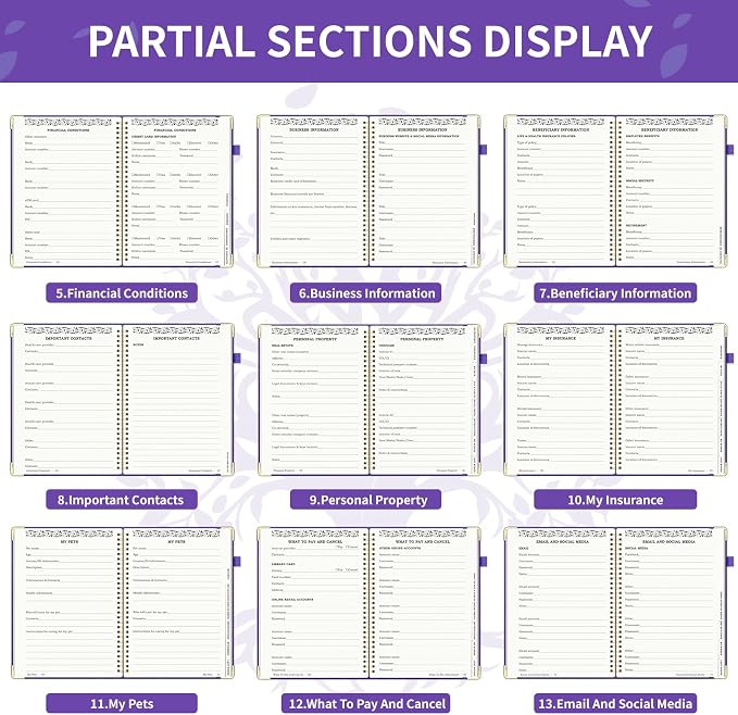 End of Life Planner, Spiral Estate Planning Organizer with Tabs for Senior, I'm Dead Now What Planner for Final Arrangements & Important Affairs with Large Print, 7.9"x10.4", Purple