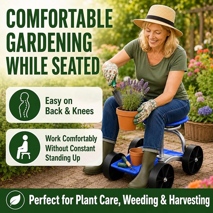 Rolling Garden Seat with Wheels, Adjustable Garden Scooter Stool with Backrest,Garden Cart with Tool Storage Tray & Backpack, Gardening Work Seat for Weeding, Planting, Yard Work (Without Backpack 3)