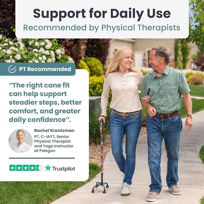 PELEGON Quad Cane (300 lb) - Adjustable Walking Cane with A Large 4 Pronged Base for Extra Balance & Stability, Walking Canes for Seniors, Walking Cane for Men & Women, Walking Sticks