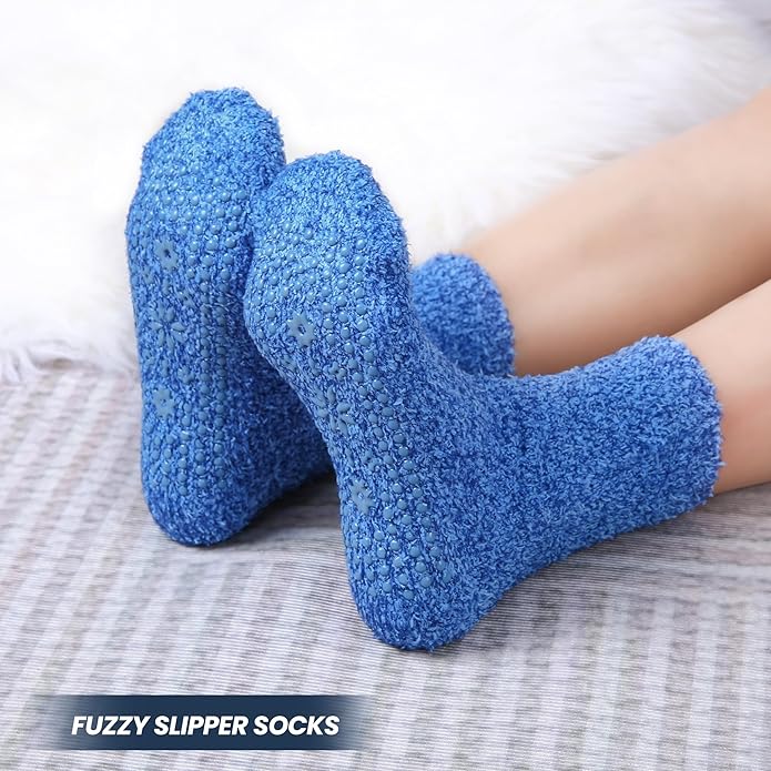 HUGSWEET 6 Pairs Thick Fuzzy Socks with Grip Cozy Non Slip Hospital Socks Home Fluffy Warm Slipper Socks Gifts for Women