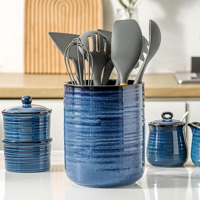 HASENSE Kitchen Utensil Holder, 7.4" x 6.2" Ceramic Utensil Holder for Countertop, Stable Cooking Utensil Organizer Crock for Spatula, Modern Kitchen Decor for Christmas, Blue