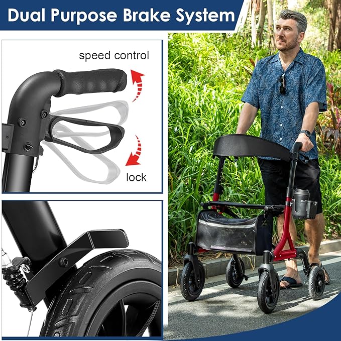 Walkers for Seniors, Rollator Walker with Seat, 10" Rubber Wheels All Terrain Rollator Walker with Backrest, Aluminum Walkers Built-in Cable, Foldable and Adjustable Height for Seniors, Red