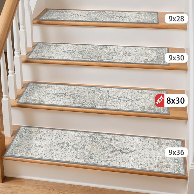 sarben 9"x36" Non Slip Stair Treads for Wooden Steps 15 Pack, Taupe | Peel and Stick Carpet Stair Runner with TPE Adhesive Backing, Carpet for Added Safety, Pet and Senior Friendly