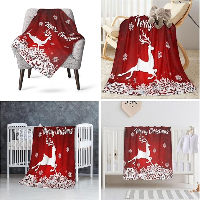 Merry Christmas Red Flannel Fleece Throw Blanket - White Snowflake Printed, Soft Plush for Bedroom, Couch, Sofa - 30"x40"